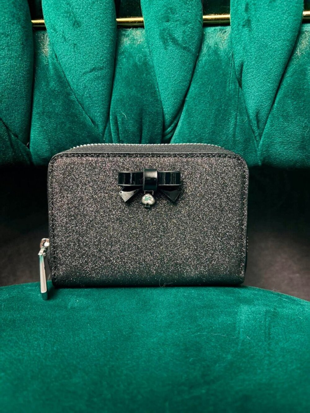 kate spade Black Glitter Zip Wallet with Bow Accent